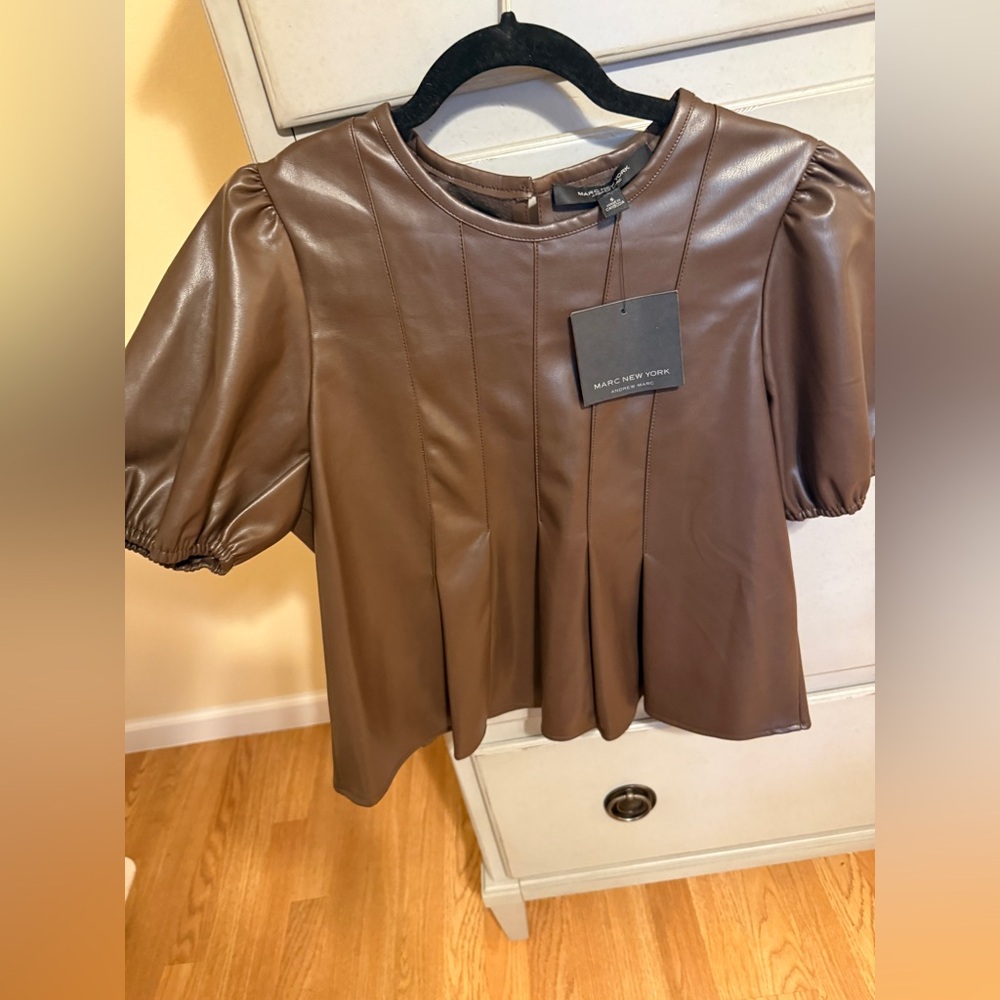 Marc New York Faux Brown Leather Puff Sleeve Top - Picture 5 of 7
